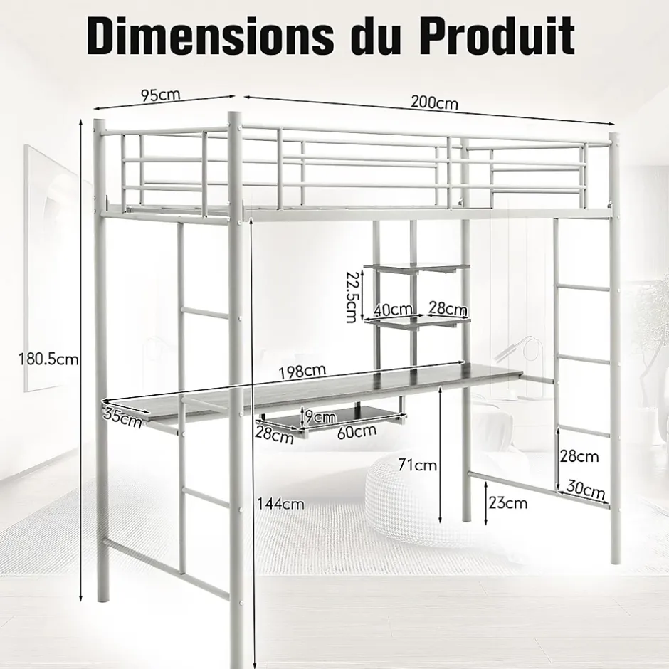 Giantex Lit Mezzanine en Métal avec Bureau, Lit Superposé 2 en 1 avec Poste de Travail, 2 Échelles et Garde-Corps, Blanc Clearance