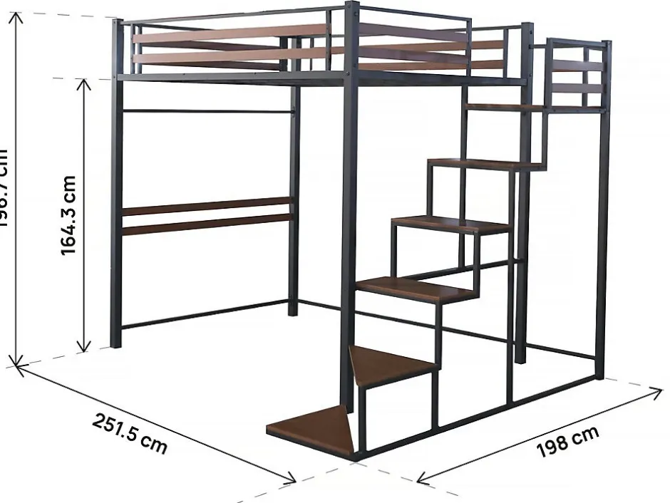 Enfant Habitat Et Jardin Lit mezzanine en métal avec escalier "LENA" 140 x 190 cm Noir et marron noyer