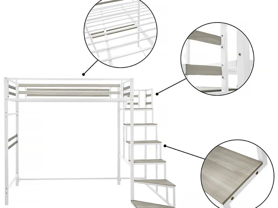 Enfant Habitat Et Jardin Lit mezzanine en métal avec escalier "LENA" 140 x 190 cm Blanc