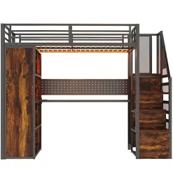ModernLuxe Lit mezzanine en métal 90x200 cm avec armoire et bureau - avec LED - compartiments de rangement - noir (sans matelas) Clearance