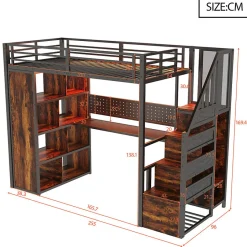 ModernLuxe Lit mezzanine en métal 90x200 cm avec armoire et bureau - avec LED - compartiments de rangement - noir (sans matelas) Clearance