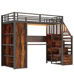 ModernLuxe Lit mezzanine en métal 90x200 cm avec armoire et bureau - avec LED - compartiments de rangement - noir (sans matelas) Clearance