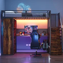 ModernLuxe Lit mezzanine en métal 90x200 cm avec armoire et bureau - avec LED - compartiments de rangement - noir (sans matelas) Clearance