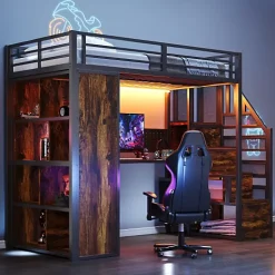 ModernLuxe Lit mezzanine en métal 90x200 cm avec armoire et bureau - avec LED - compartiments de rangement - noir (sans matelas) Clearance