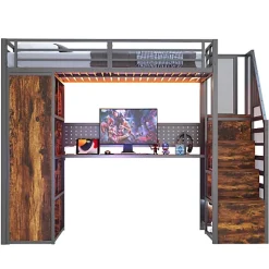 ModernLuxe Lit mezzanine en métal 90x200 cm avec armoire et bureau - avec LED - compartiments de rangement - noir (sans matelas) Clearance