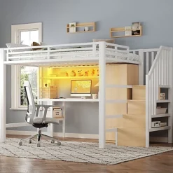 ModernLuxe Lit mezzanine en métal 140x200 cm - Éclairage LED - Bureau et penderie intégrés - Étagères et échelle de rangement - MDF - Blanc New