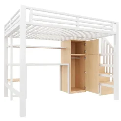 ModernLuxe Lit mezzanine en métal 140x200 cm - Éclairage LED - Bureau et penderie intégrés - Étagères et échelle de rangement - MDF - Blanc New