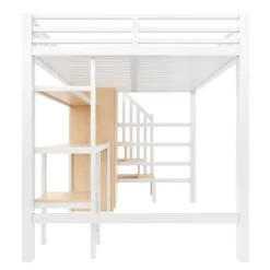 ModernLuxe Lit mezzanine en métal 140x200 cm - Éclairage LED - Bureau et penderie intégrés - Étagères et échelle de rangement - MDF - Blanc New