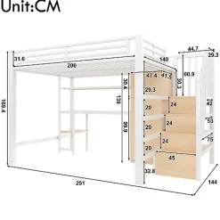 ModernLuxe Lit mezzanine en métal 140x200 cm - Éclairage LED - Bureau et penderie intégrés - Étagères et échelle de rangement - MDF - Blanc New