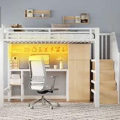 ModernLuxe Lit mezzanine en métal 140x200 cm - Éclairage LED - Bureau et penderie intégrés - Étagères et échelle de rangement - MDF - Blanc New