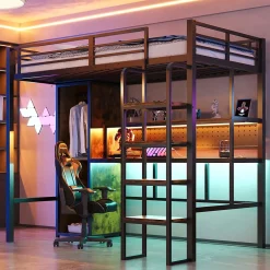 ModernLuxe Lit mezzanine en métal 90x200 cm avec escalier - armoire et bureau avec panneau perforé - avec LED - noir (sans matelas)