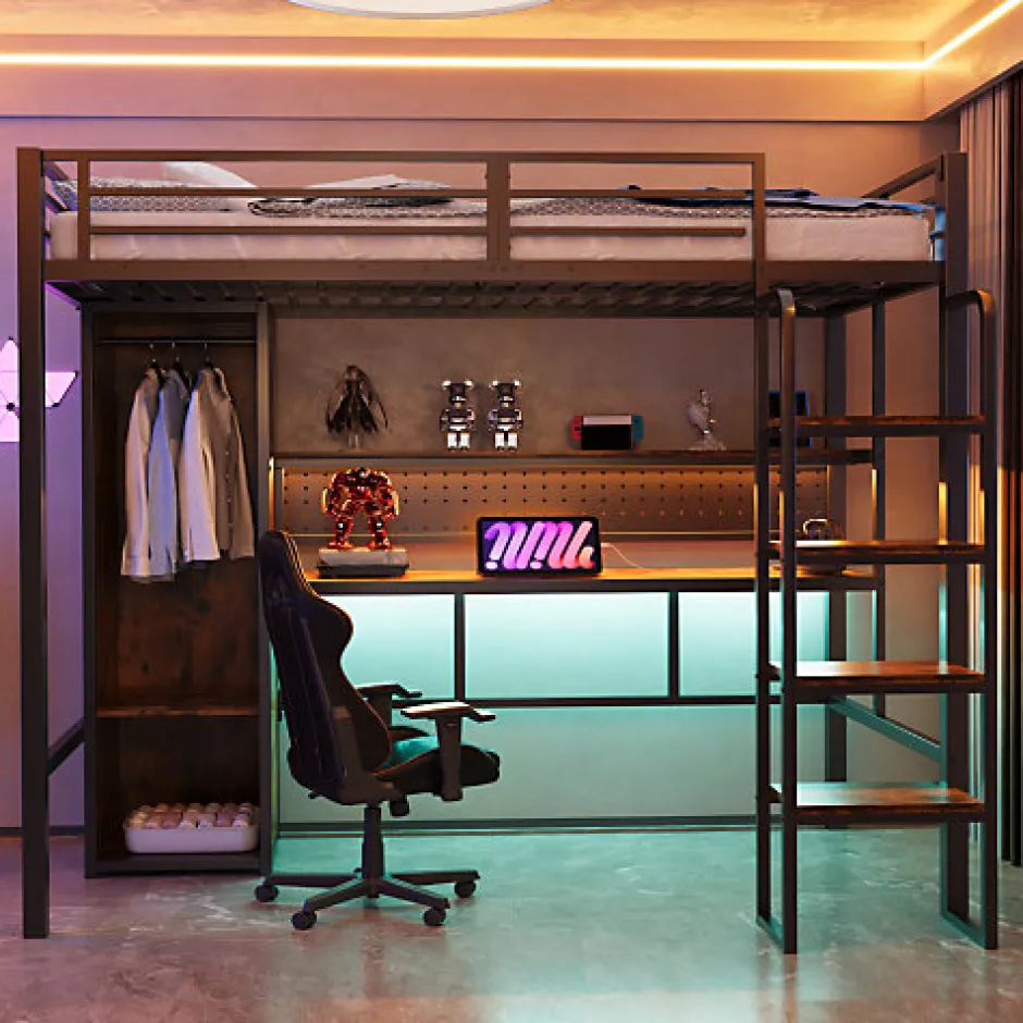 ModernLuxe Lit mezzanine en métal 90x200 cm avec escalier - armoire et bureau avec panneau perforé - avec LED - noir (sans matelas)
