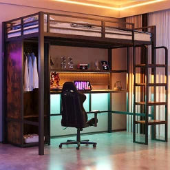 ModernLuxe Lit mezzanine en métal 90x200 cm avec escalier - armoire et bureau avec panneau perforé - avec LED - noir (sans matelas)