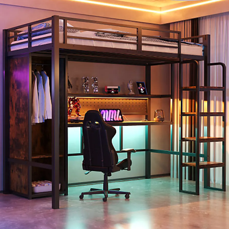 ModernLuxe Lit mezzanine en métal 90x200 cm avec escalier - armoire et bureau avec panneau perforé - avec LED - noir (sans matelas)