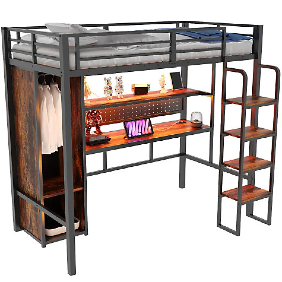 ModernLuxe Lit mezzanine en métal 90x200 cm avec escalier - armoire et bureau avec panneau perforé - avec LED - noir (sans matelas)