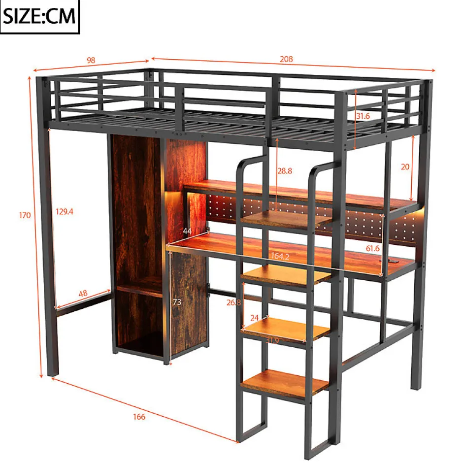 ModernLuxe Lit mezzanine en métal 90x200 cm avec escalier - armoire et bureau avec panneau perforé - avec LED - noir (sans matelas)