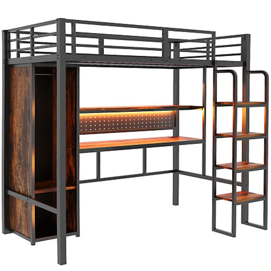 ModernLuxe Lit mezzanine en métal 90x200 cm avec escalier - armoire et bureau avec panneau perforé - avec LED - noir (sans matelas)