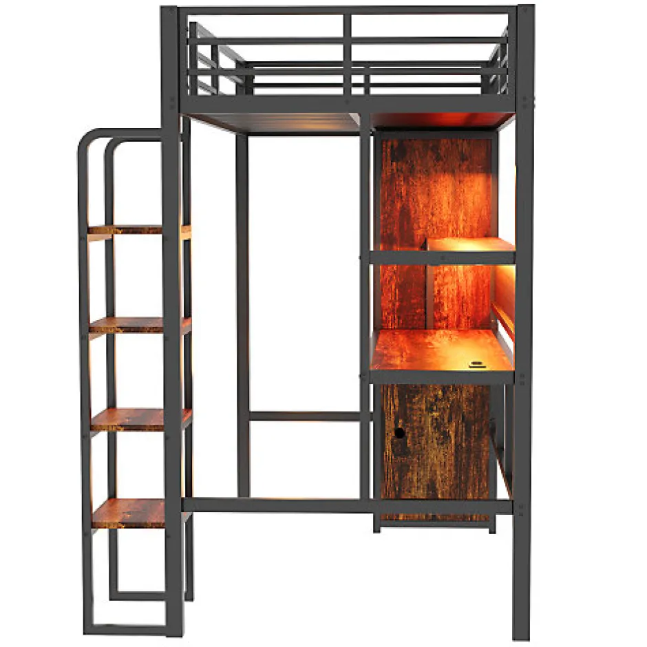 ModernLuxe Lit mezzanine en métal 90x200 cm avec escalier - armoire et bureau avec panneau perforé - avec LED - noir (sans matelas)