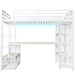 ModernLuxe Lit mezzanine en métal 140x200 cm - Avec bureau et étagères - Avec penderie ouverte - Port USB et LED - Blanc (sans matelas)