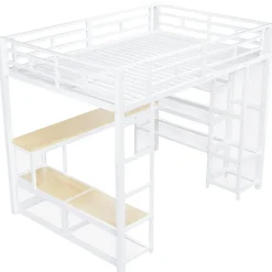 ModernLuxe Lit mezzanine en métal 140x200 cm - Avec bureau et étagères - Avec penderie ouverte - Port USB et LED - Blanc (sans matelas)