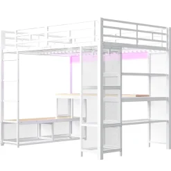 ModernLuxe Lit mezzanine en métal 140x200 cm - Avec bureau et étagères - Avec penderie ouverte - Port USB et LED - Blanc (sans matelas)