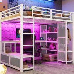 ModernLuxe Lit mezzanine en métal 140x200 cm - Avec bureau et étagères - Avec penderie ouverte - Port USB et LED - Blanc (sans matelas)