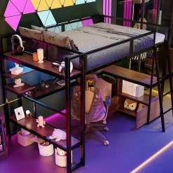 ModernLuxe Lit mezzanine en métal 140x200 cm - Avec LED - Bureau et étagère de rangement - Port USB - Noir (sans matelas)