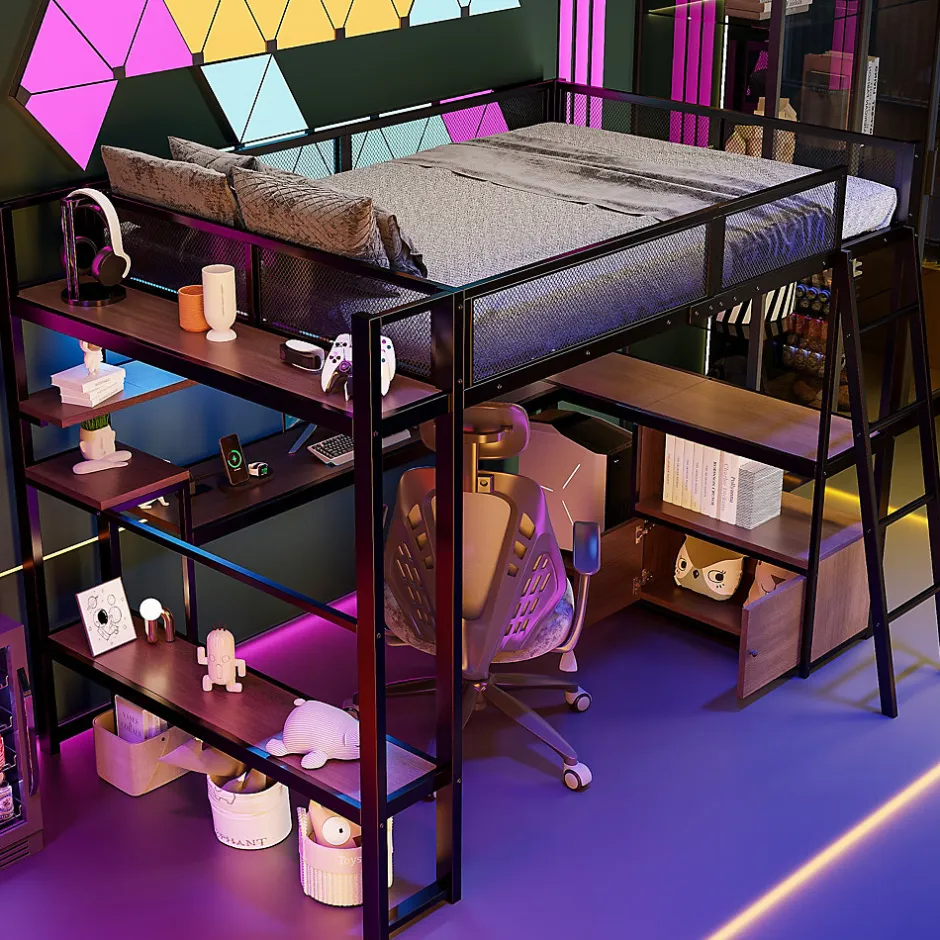 ModernLuxe Lit mezzanine en métal 140x200 cm - Avec LED - Bureau et étagère de rangement - Port USB - Noir (sans matelas)