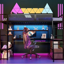 ModernLuxe Lit mezzanine en métal 140x200 cm - Avec LED - Bureau et étagère de rangement - Port USB - Noir (sans matelas)