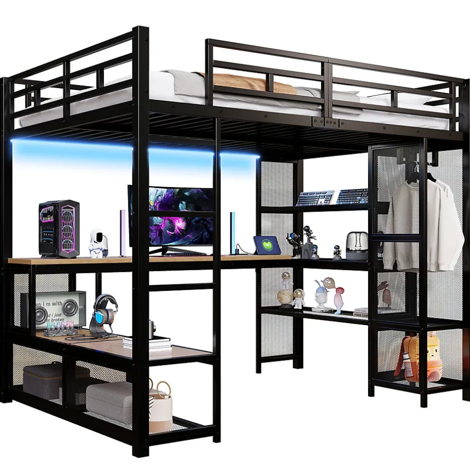 ModernLuxe Lit mezzanine en métal 140x200 cm - Avec LED - Bureau et étagère de rangement - Port USB - Noir (sans matelas)