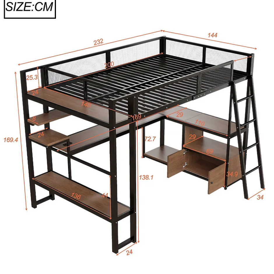 ModernLuxe Lit mezzanine en métal 140x200 cm - Avec LED - Bureau et étagère de rangement - Port USB - Noir (sans matelas)