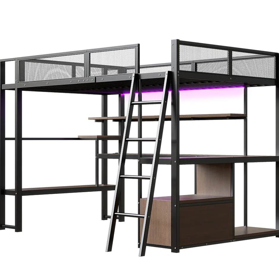 ModernLuxe Lit mezzanine en métal 140x200 cm - Avec LED - Bureau et étagère de rangement - Port USB - Noir (sans matelas)