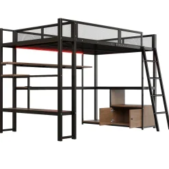 ModernLuxe Lit mezzanine en métal 140x200 cm - Avec LED - Bureau et étagère de rangement - Port USB - Noir (sans matelas)