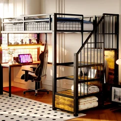 ModernLuxe Lit mezzanine en métal 90x200 cm avec LED - prise de recharge - échelle de rangement - étagères et bureau - noir (sans matelas)