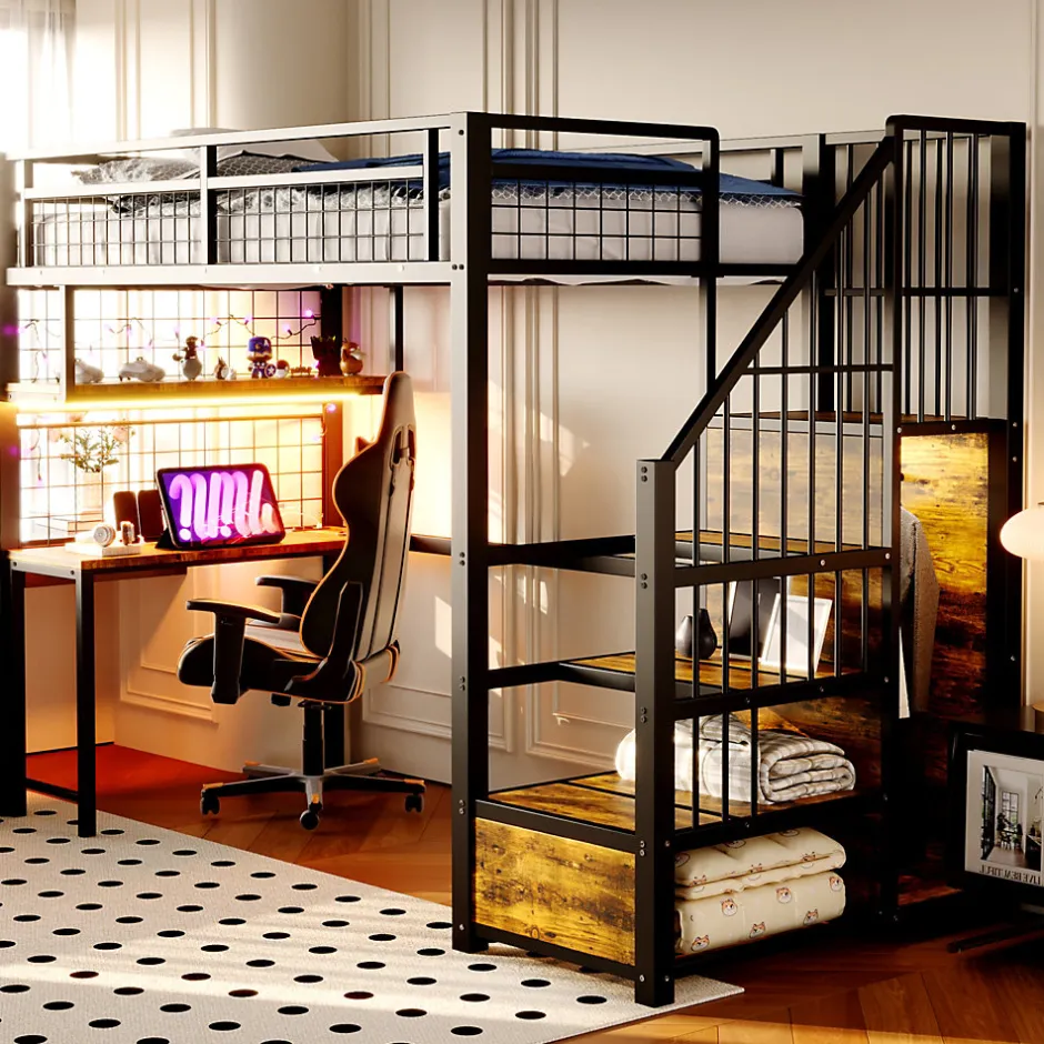 ModernLuxe Lit mezzanine en métal 90x200 cm avec LED - prise de recharge - échelle de rangement - étagères et bureau - noir (sans matelas)