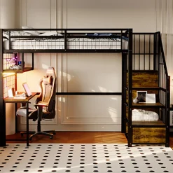 ModernLuxe Lit mezzanine en métal 90x200 cm avec LED - prise de recharge - échelle de rangement - étagères et bureau - noir (sans matelas)