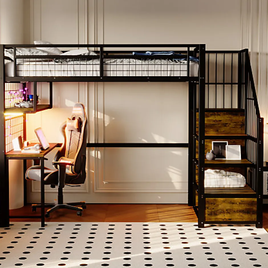 ModernLuxe Lit mezzanine en métal 90x200 cm avec LED - prise de recharge - échelle de rangement - étagères et bureau - noir (sans matelas)