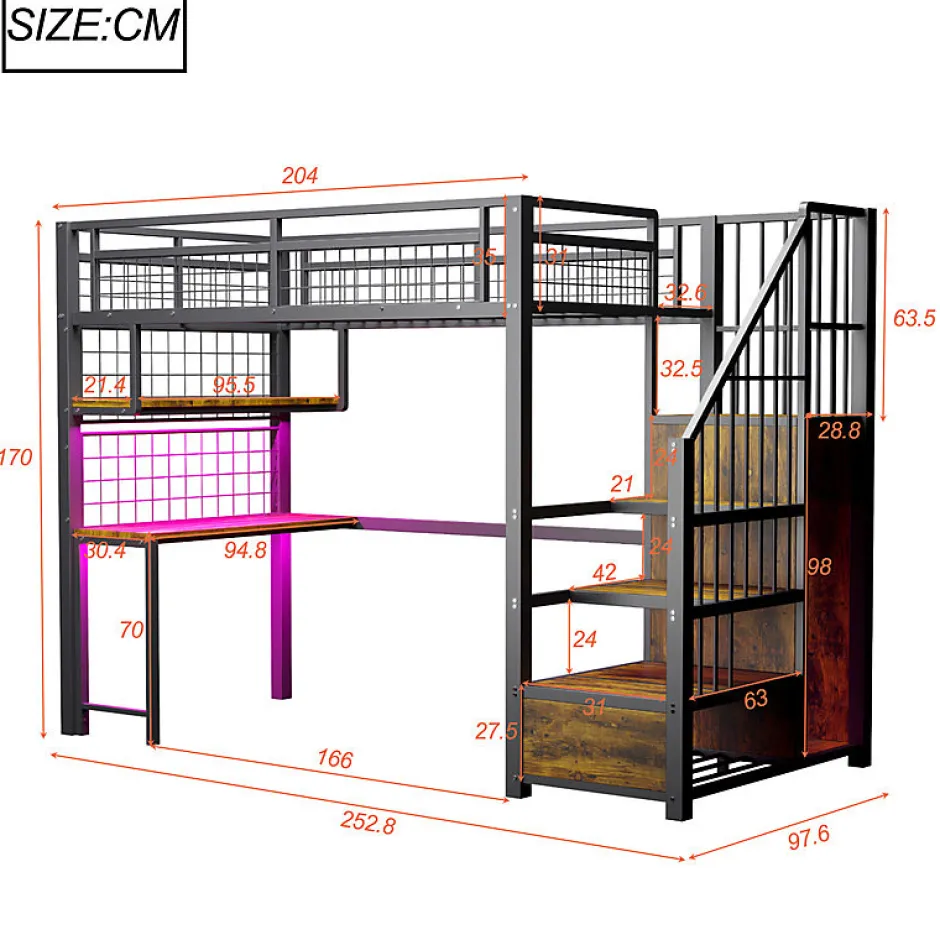 ModernLuxe Lit mezzanine en métal 90x200 cm avec LED - prise de recharge - échelle de rangement - étagères et bureau - noir (sans matelas)