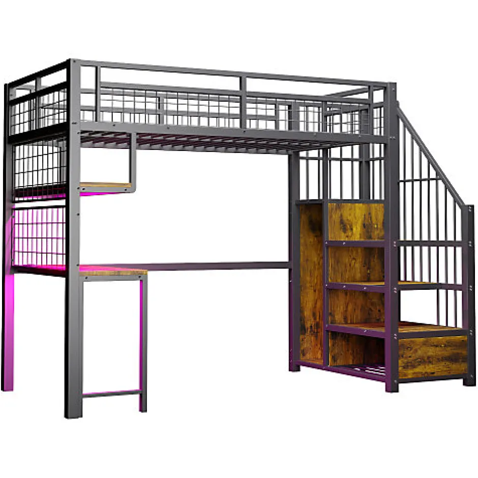 ModernLuxe Lit mezzanine en métal 90x200 cm avec LED - prise de recharge - échelle de rangement - étagères et bureau - noir (sans matelas)