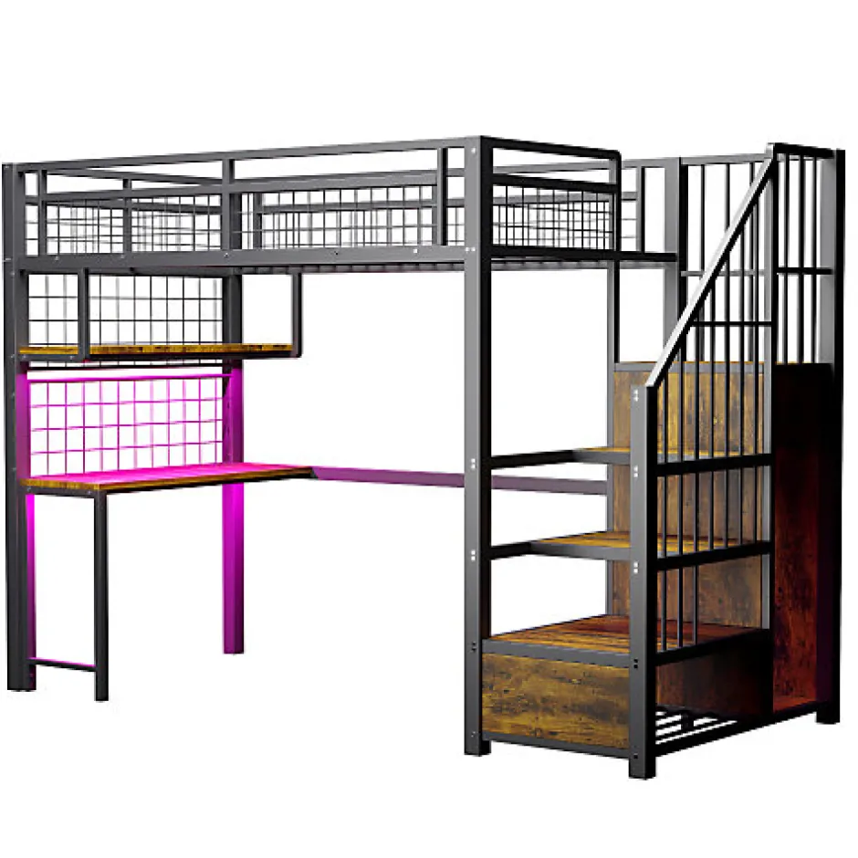 ModernLuxe Lit mezzanine en métal 90x200 cm avec LED - prise de recharge - échelle de rangement - étagères et bureau - noir (sans matelas)