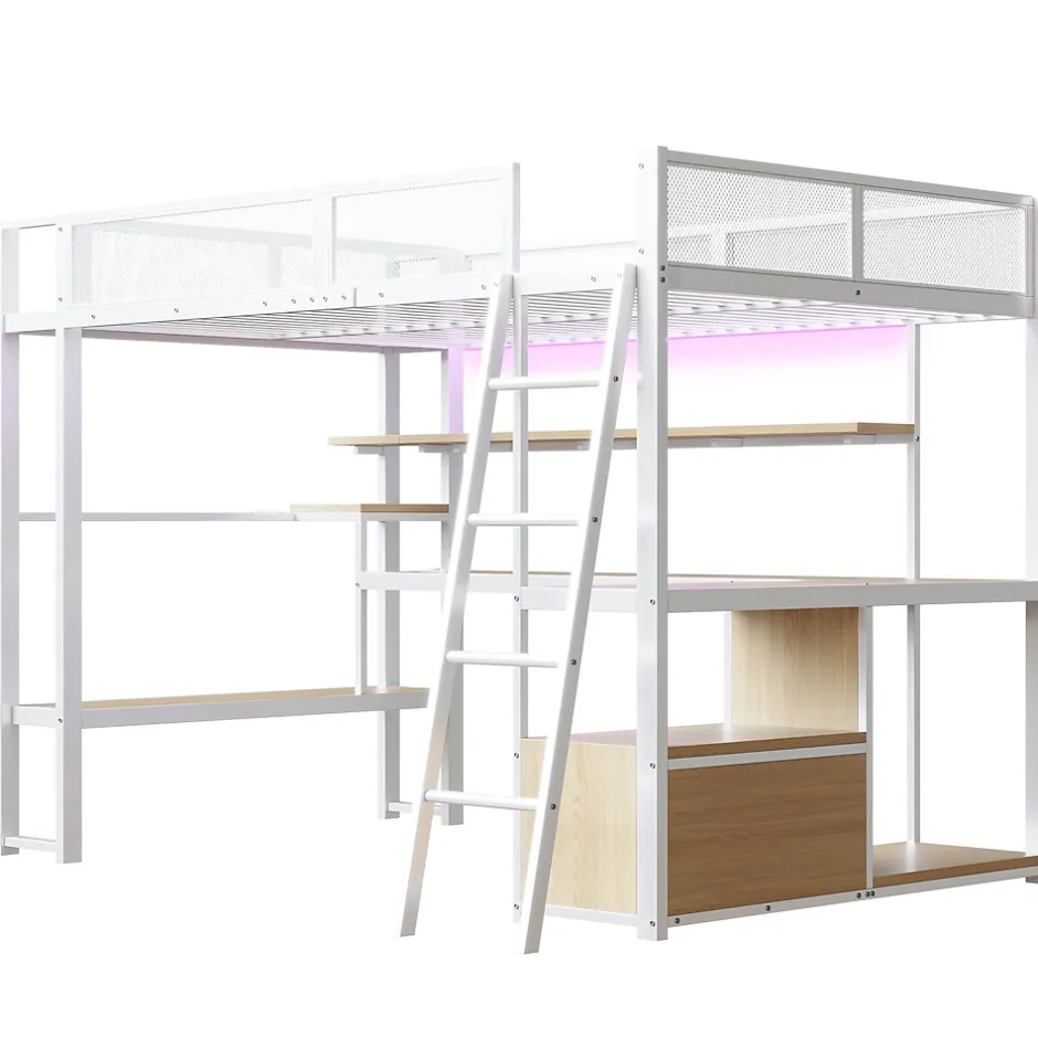 ModernLuxe Lit mezzanine en métal 140x200 cm - Avec LED - Bureau et étagère de rangement - Port USB - Blanc (sans matelas) Hot