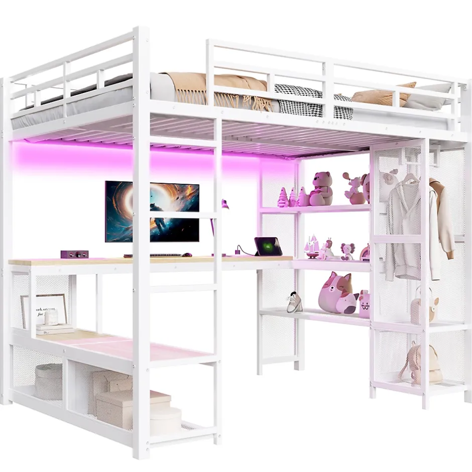 ModernLuxe Lit mezzanine en métal 140x200 cm - Avec LED - Bureau et étagère de rangement - Port USB - Blanc (sans matelas) Hot