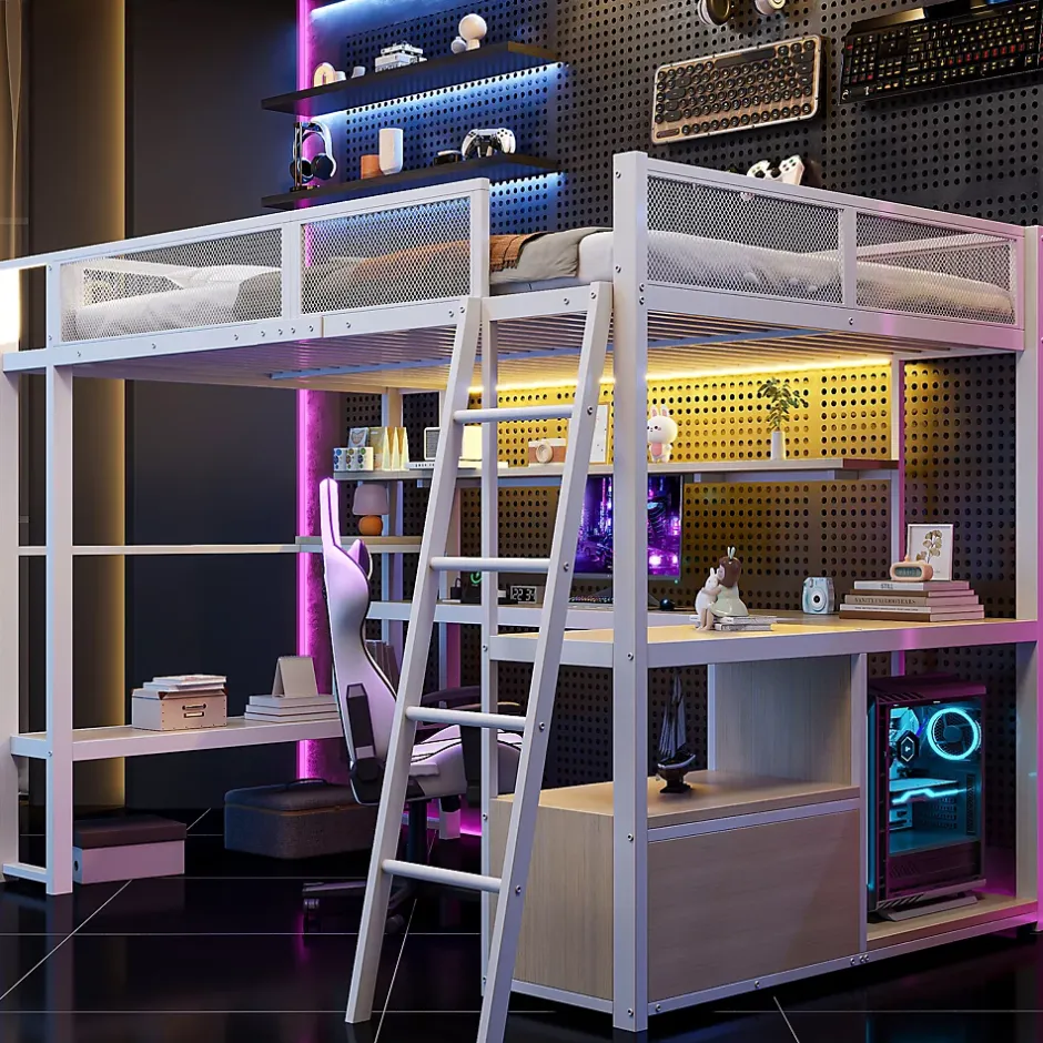 ModernLuxe Lit mezzanine en métal 140x200 cm - Avec LED - Bureau et étagère de rangement - Port USB - Blanc (sans matelas) Hot