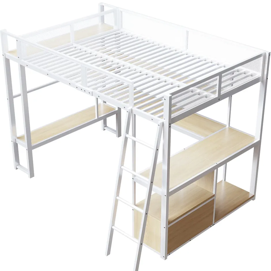 ModernLuxe Lit mezzanine en métal 140x200 cm - Avec LED - Bureau et étagère de rangement - Port USB - Blanc (sans matelas) Hot