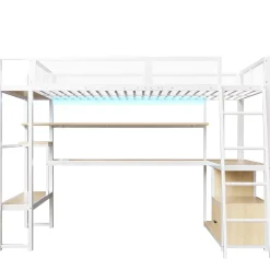 ModernLuxe Lit mezzanine en métal 140x200 cm - Avec LED - Bureau et étagère de rangement - Port USB - Blanc (sans matelas) Hot