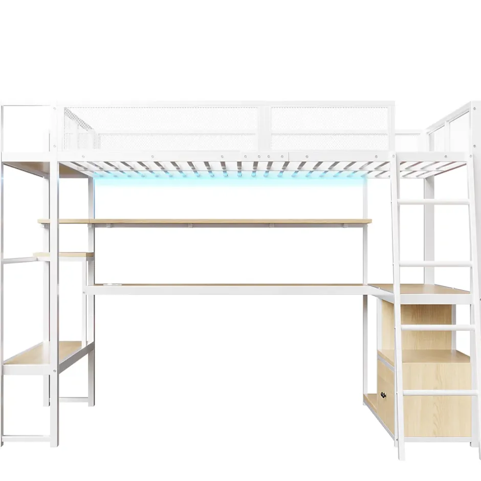 ModernLuxe Lit mezzanine en métal 140x200 cm - Avec LED - Bureau et étagère de rangement - Port USB - Blanc (sans matelas) Hot