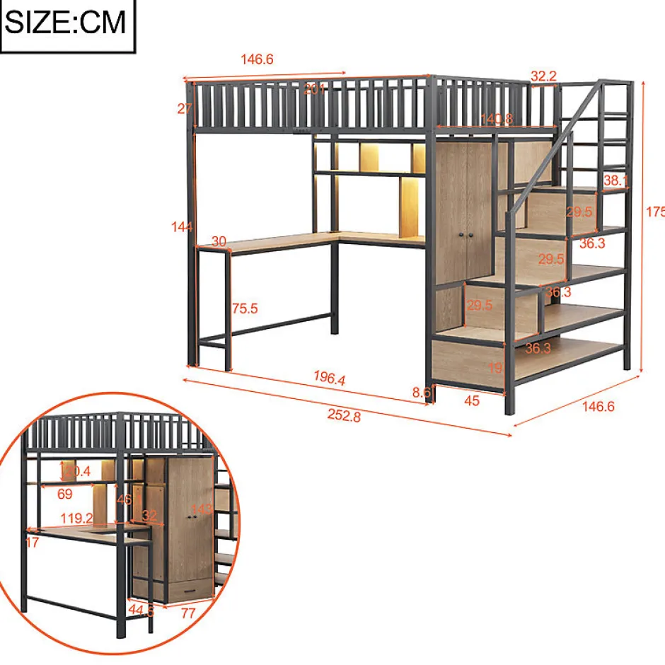 ModernLuxe Lit mezzanine en métal 140x200 cm avec LED - avec étagères - armoire+tiroir - échelle de rangement - noir (sans matelas)