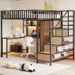 ModernLuxe Lit mezzanine en métal 140x200 cm avec LED - avec étagères - armoire+tiroir - échelle de rangement - noir (sans matelas)