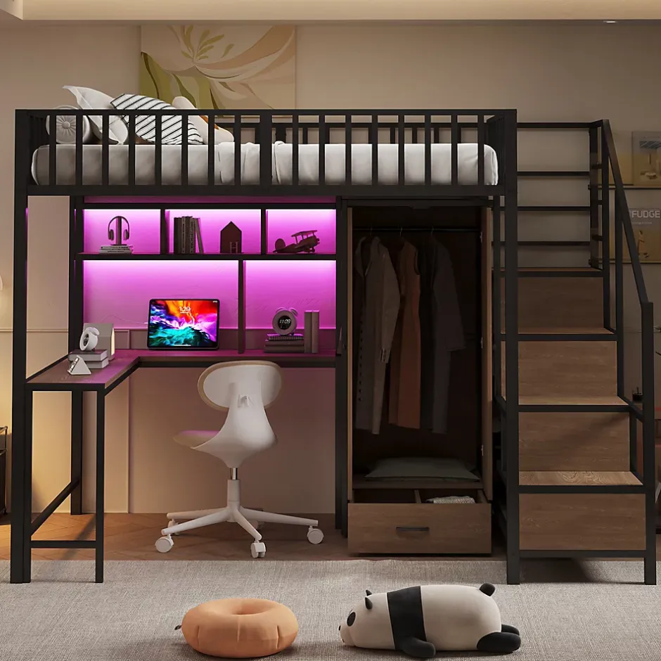 ModernLuxe Lit mezzanine en métal 140x200 cm avec LED - avec étagères - armoire+tiroir - échelle de rangement - noir (sans matelas)