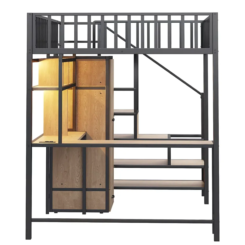 ModernLuxe Lit mezzanine en métal 140x200 cm avec LED - avec étagères - armoire+tiroir - échelle de rangement - noir (sans matelas)